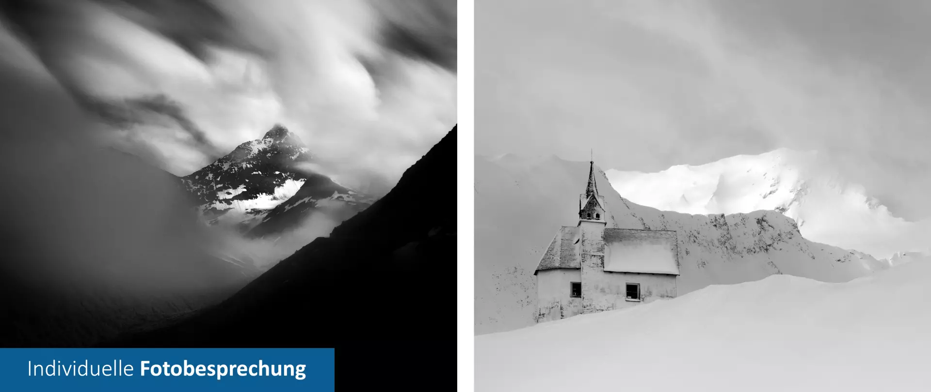 Verschneite Bergspitze, Verschneite Kirche auf den Bergen