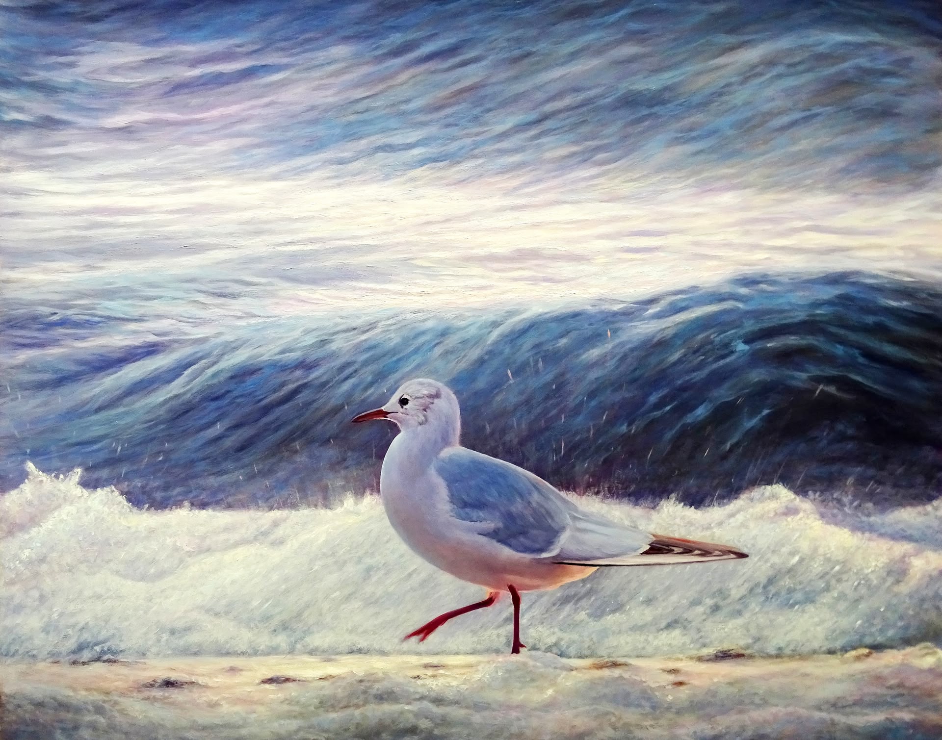 Ein Acrylbild mit einer Möwe, die vor einer Welle an der Küste läuft