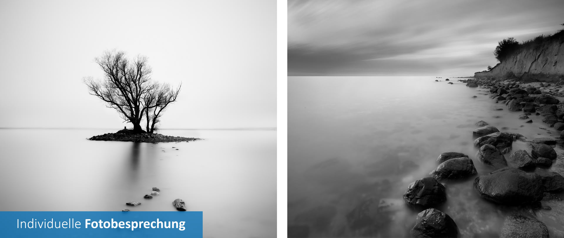 Zwei schwarz-weiß Fotos von einem See und einer Küste nebeneinander