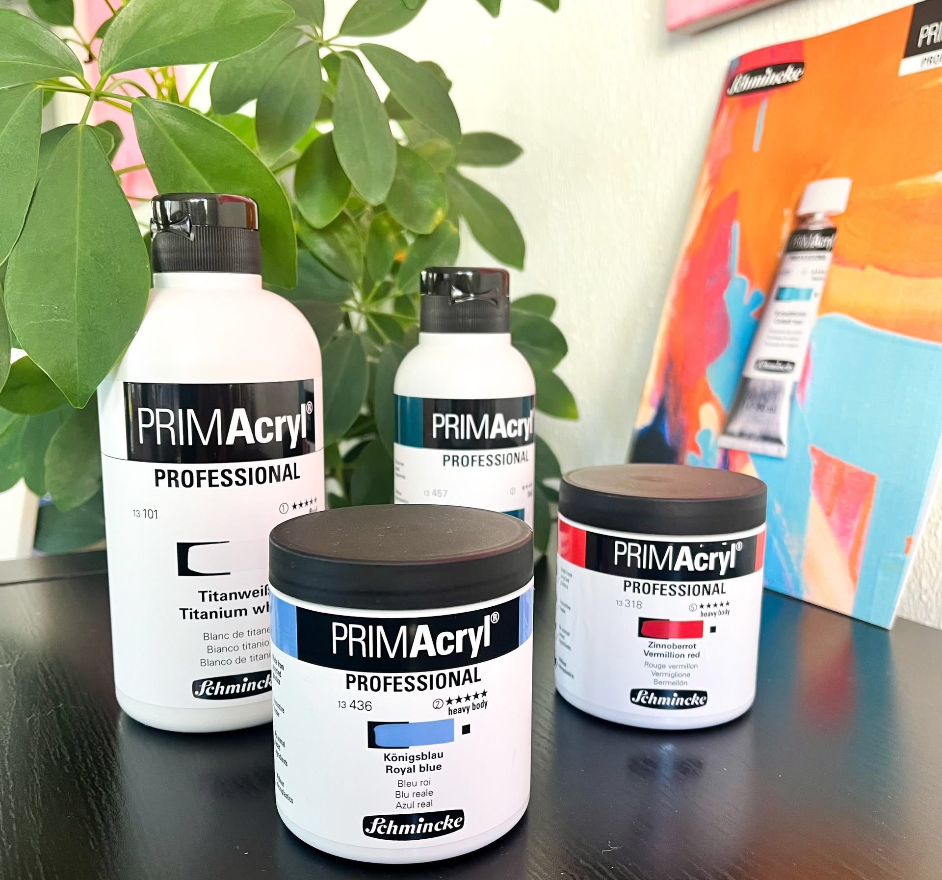 4 Farbbehälter stehen auf einem schwarzen Tisch mit einer Pflanze im Hintergrund