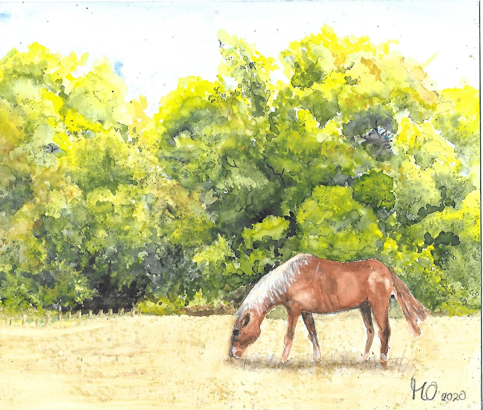 Ein Beispielbild mit einem Pferd auf einer Wiese, das mit dem bearbeiteten Pinsel gemalt wurde