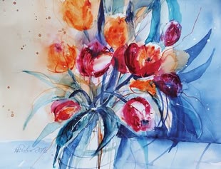 Das fertige florale Aquarellbild von Sabine Hilscher, gemalt mit Schmincke Horadam Aquarell