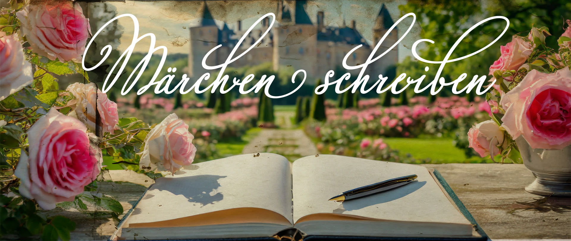 Ein offenes Buch liegt auf einem Tisch mit Rosenblüten drum herum