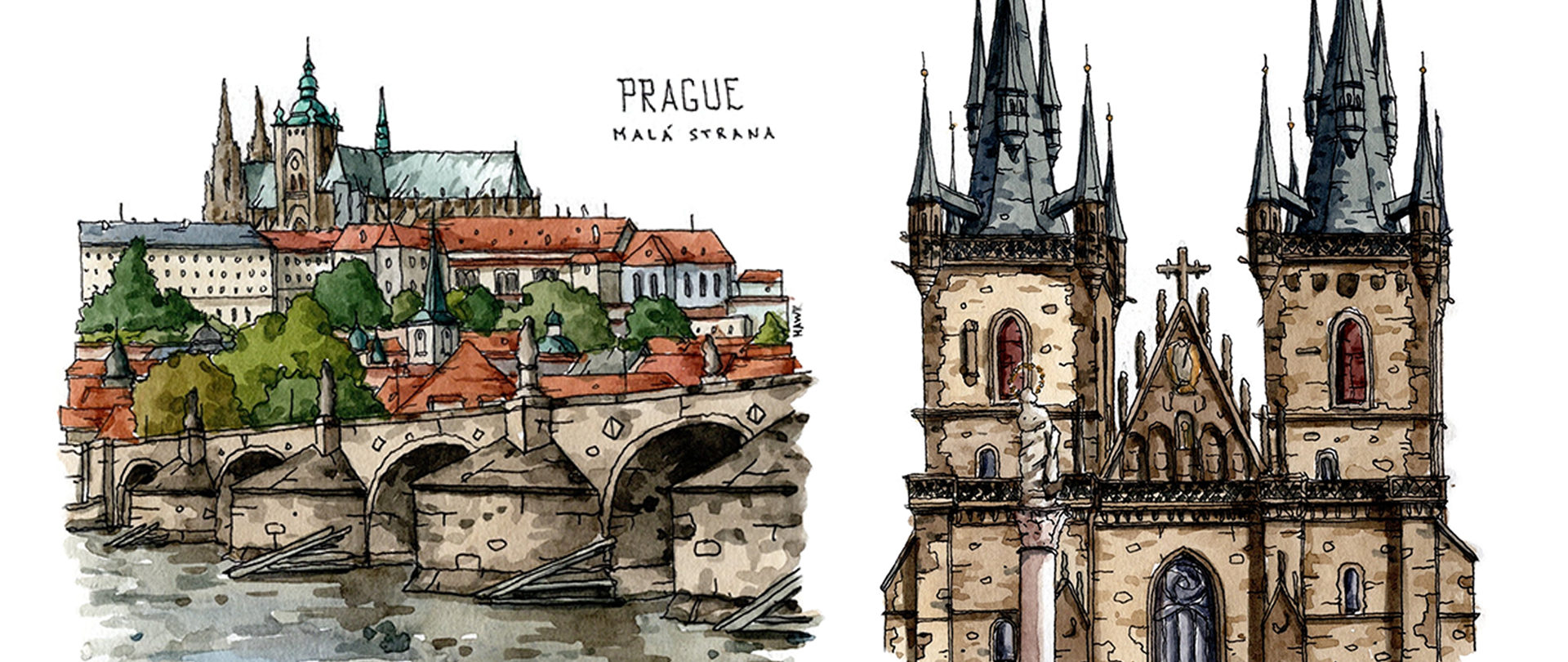 Aquarellsketches von Gebäuden und Architektur
