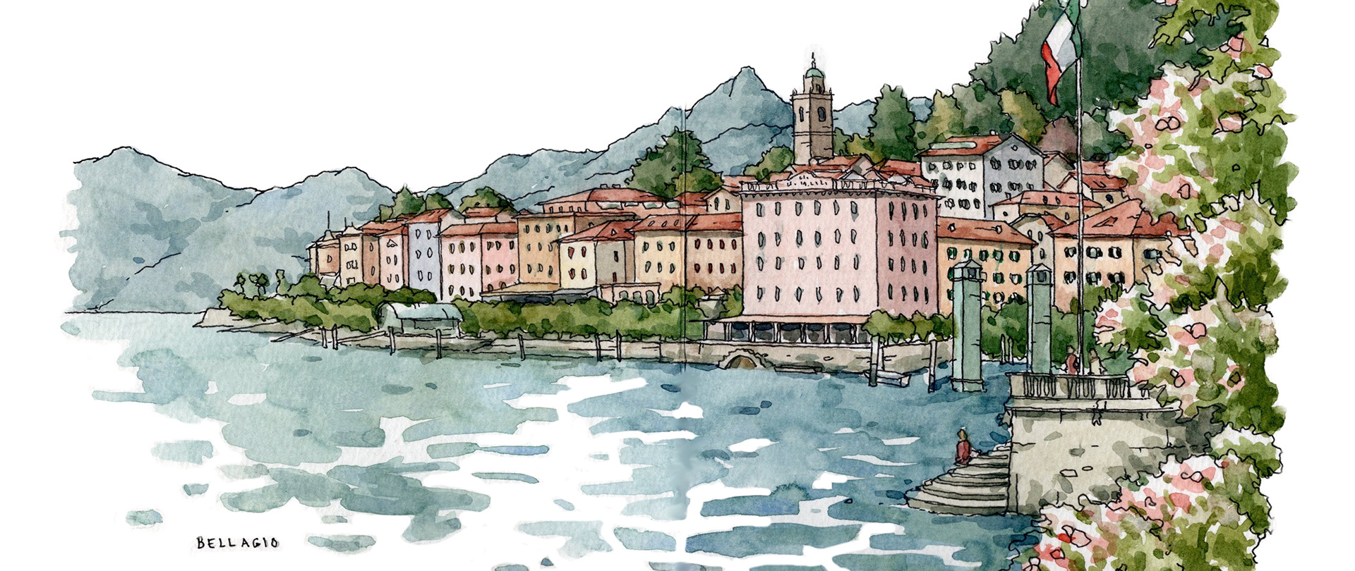 Aquarellsketch einer Stadtlandschaft, die man am Ufer eines Sees sieht