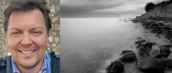 Portraitbild eines Dozenten neben einem schwarz-weiß Foto einer Küste
