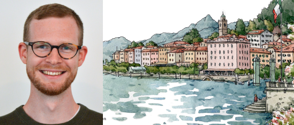 Portraitbild eines Dozenten neben seinem Werk, das eine gesketchte Stadtansicht zeigt