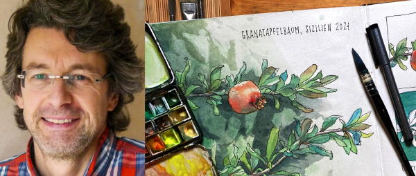 Portraitbild eines Dozenten neben seinem Aquarellbild mit einer Blume