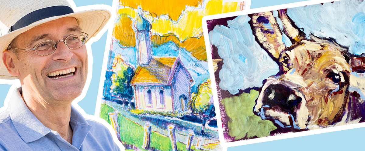 Portraitbild von einem Dozenten neben zwei gesketchten Bildern von einer Kirche und einer Kuh