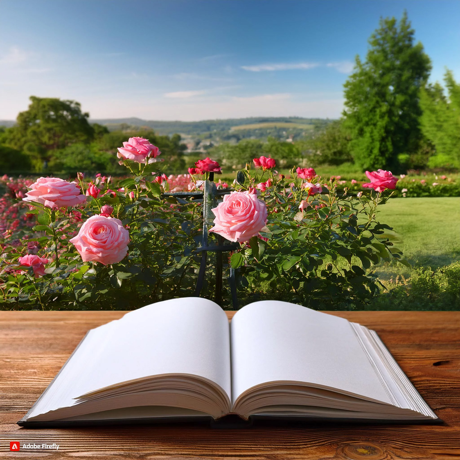 Ein Buch liegt auf einem Tisch vor einem schönen Ausblick auf die Berge und einen Rosengarten